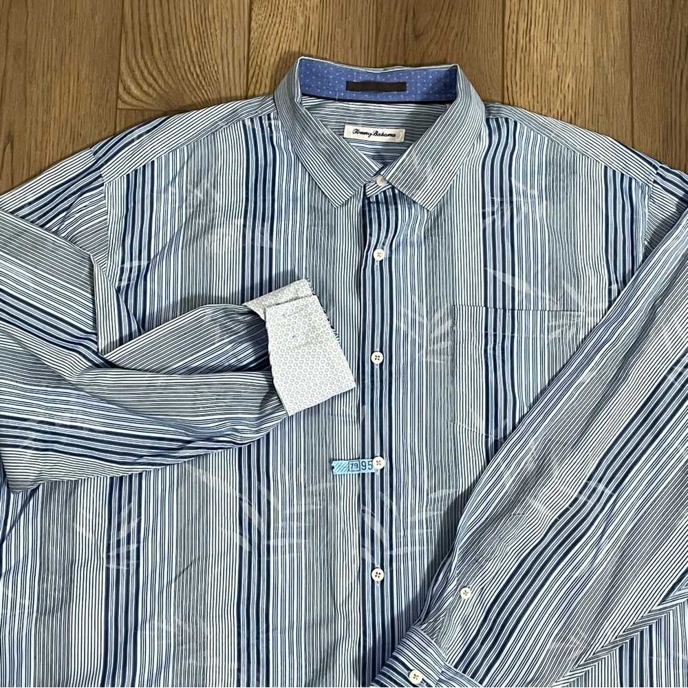 Tommy Bahama Blue Stripe Silk Blend Long Sleeve Button Down Palm
